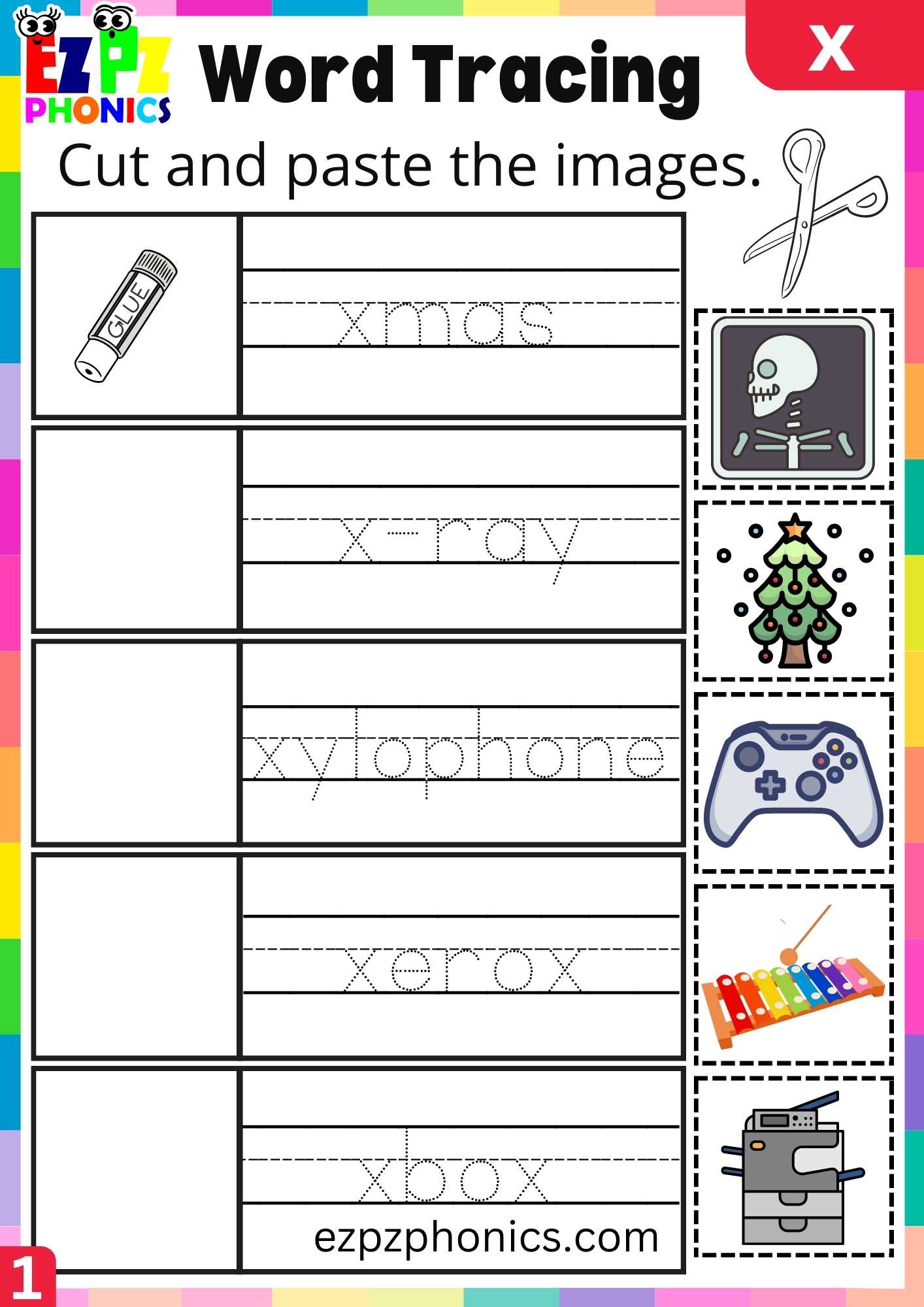Letter X Word Tracing Beginning Sounds Worksheet